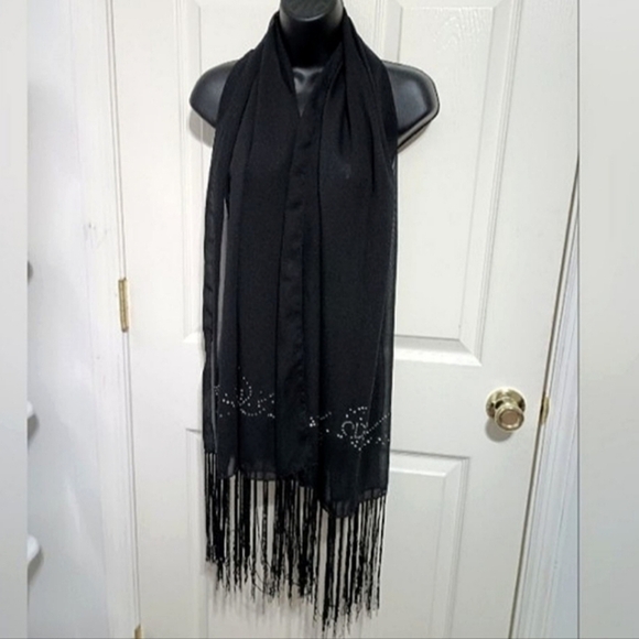 Accessories - CD Rhinestone Sheer Black Fringe Scarf Unique Stylish Fancy